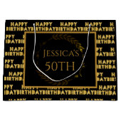 エレガントな50歳の誕生日 黒と金のギフトバッグ ラージペーパーバッグ (正面)