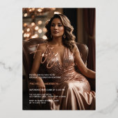 エレガントな50歳 & ファビュラス フォト ローズゴールド 箔招待状 (正面)