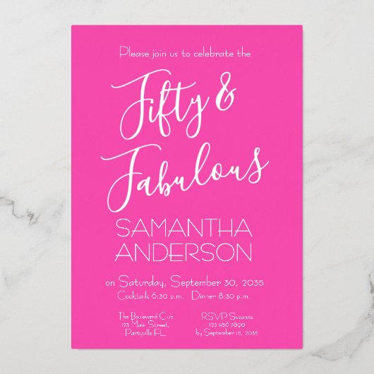 エレガントな50歳 & ファビュラス 誕生日パーティー 箔招待状 (正面)