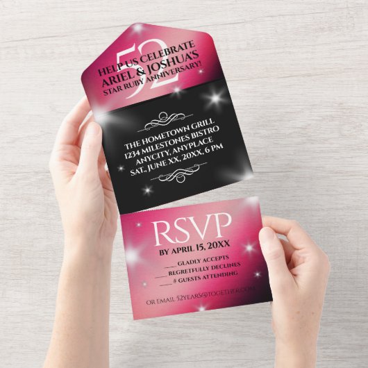 エレガントな52周年 スターリュビー 結婚記念日 オールインワン招待状 (貼ってはがせる)