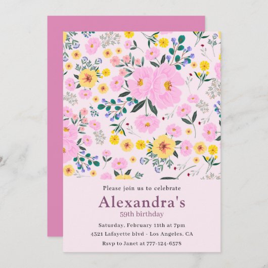 エレガントな59歳の誕生日招待状 ピンクの花 モダン 招待状 (正面/裏面)