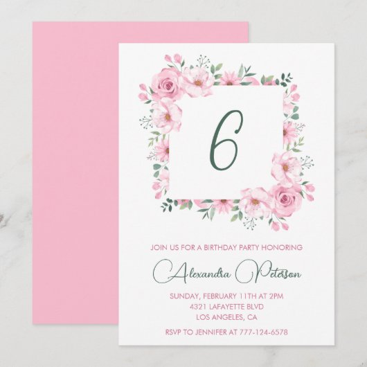 エレガントな6歳の誕生日招待状 花柄 ピンク 招待状 (正面/裏面)