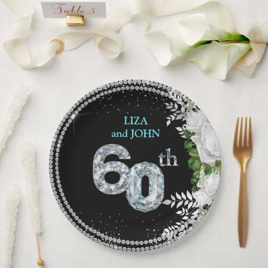エレガントな60回目ダイヤモンド結婚記念日 ペーパープレート (ウェディング)