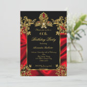 エレガントな60歳の誕生日パーティー シルク ルビー レッド ゴールド 2 招待状 (スタンド正面)