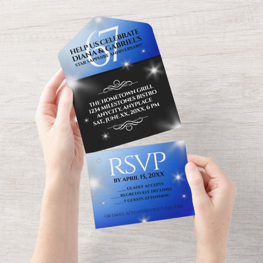 エレガントな67周年サファイア婚 anniversary Celebration オールインワン招待状 (貼ってはがせる)