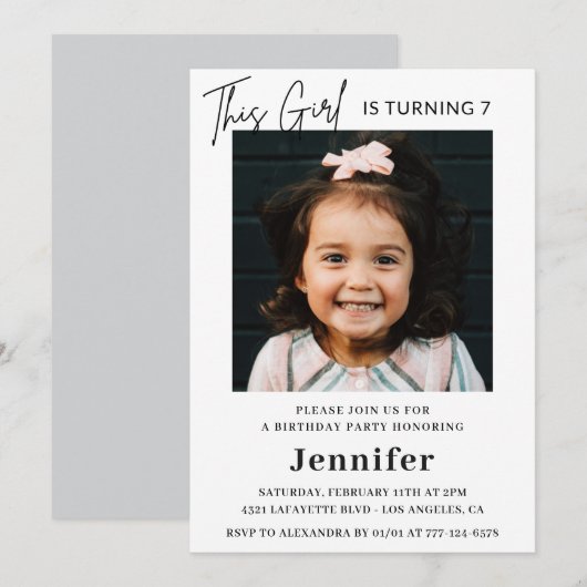 エレガントな7歳の誕生日招待状　写真　モダン 招待状 (正面/裏面)