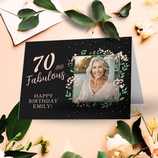 エレガントな70歳とファビュラスな花 70歳の誕生日写真 カード