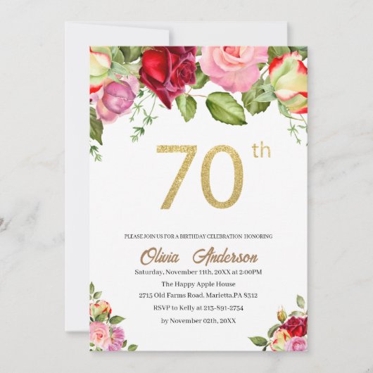 エレガントな70歳の誕生日お祝い水彩グリッター 招待状 (正面)