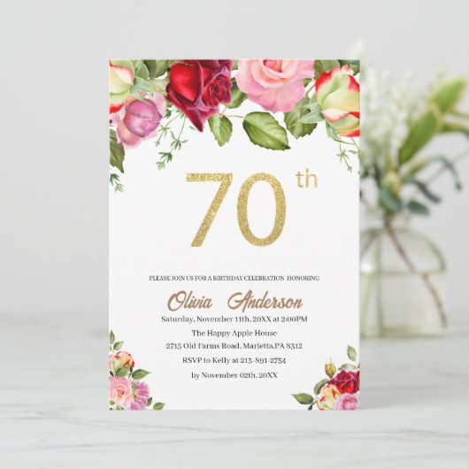 エレガントな70歳の誕生日お祝い水彩グリ 招待状 (スタンド正面)