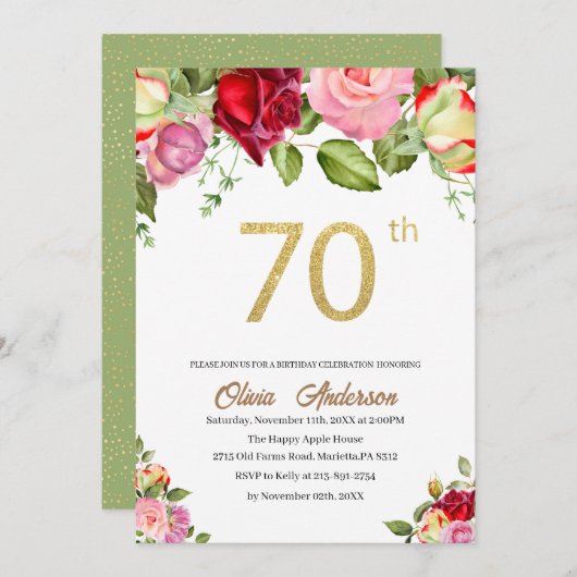 エレガントな70歳の誕生日祝賀水彩グリット 招待状 (正面/裏面)
