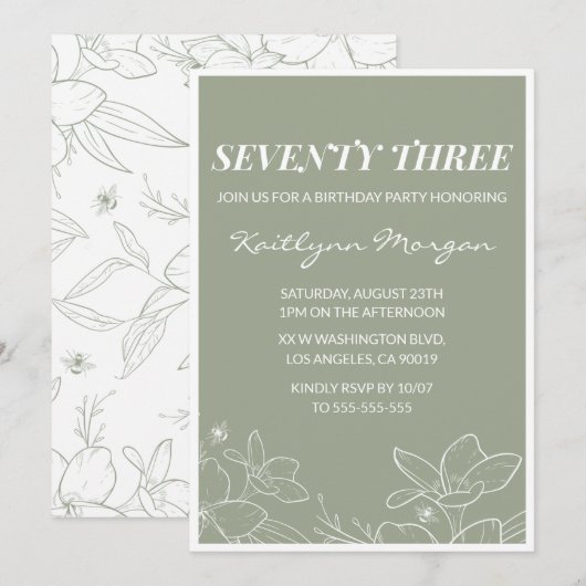 エレガントな73歳の誕生日招待状 花のグリーン 招待状 (正面/裏面)