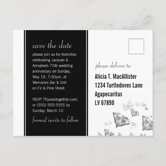 エレガントな75周年ダイヤモンドウェディングアニバーサリー 案内ポストカード (裏面)