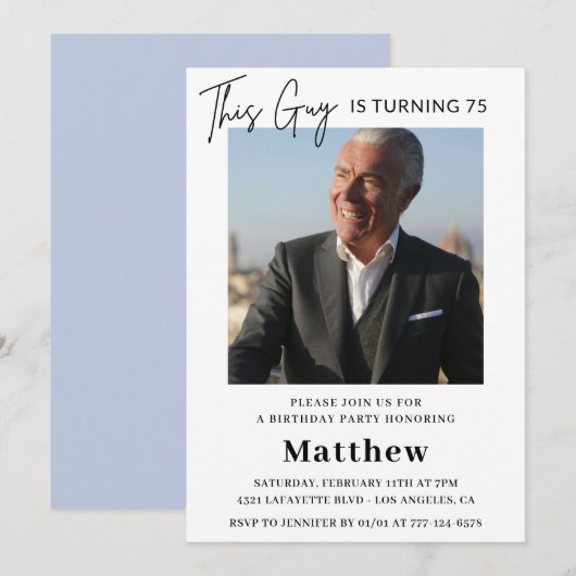 エレガントな75歳の誕生日招待状 メンズ フォト 招待状 (正面/裏面)