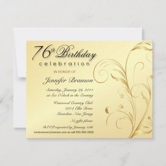 エレガントな76歳の誕生日サプライズパーティー招待状 招待状 (正面)