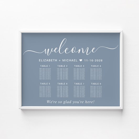エレガントな8卓用ダスティブルーの結婚式座席表 ポスター
