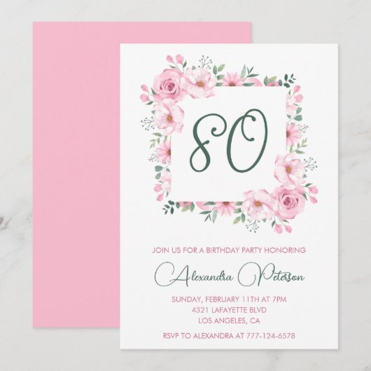 エレガントな80歳の誕生日招待状 花 ピンク 招待状 (正面/裏面)