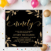 エレガントな90歳の誕生日金文字黒地 招待状