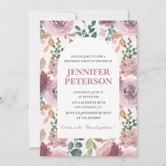 エレガントな98歳の誕生日招待状 フラワーボホ ピンク 招待状 (正面)