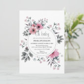 エレガントな「オベイビー」ピンク＆グレーの花のベビーシャワー 招待状 (スタンド正面)
