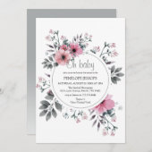 エレガントな「オベイビー」ピンク＆グレーの花のベビーシャワー 招待状 (正面/裏面)