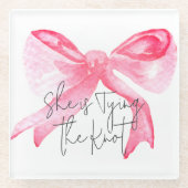 エレガントな ピンクの蝶結び ウェディングシャワーデザイン ガラスコースター (正面)