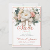 エレガントな ブッシュとホワイトの花束にリボン ウェディング 招待状 (正面)