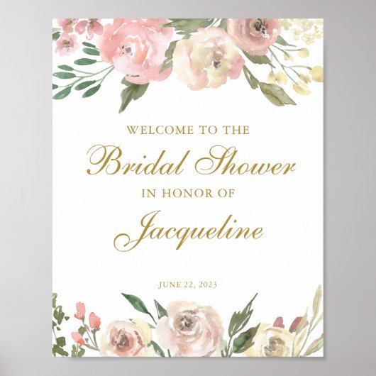 エレガントな ブッシュピンクとアイボリーの花のウェディングシャワー ポスター (正面)