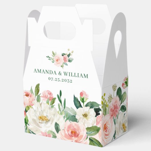 エレガントな ブッシュピンクの花とグリーン ウェディング フェイバーボックス (オープン)