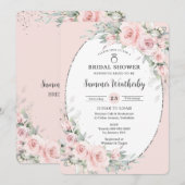エレガントな ブッシュピンクの花とグリーン ブライダルシャワー 招待状 (正面/裏面)