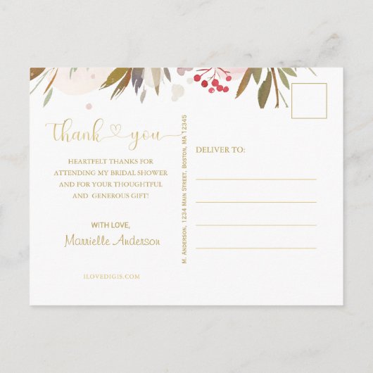 エレガントな ブッシュピンクの花のウェディングシャワーお礼メッセージカード ポストカード (裏面)