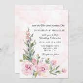 エレガントな ブッシュピンクの花のクリスチャン結婚式 招待状 (正面/裏面)