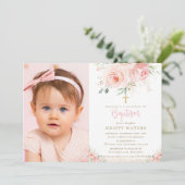エレガントな ブッシュピンクの花のゴールド 洗礼写真 招待状 (スタンド正面)