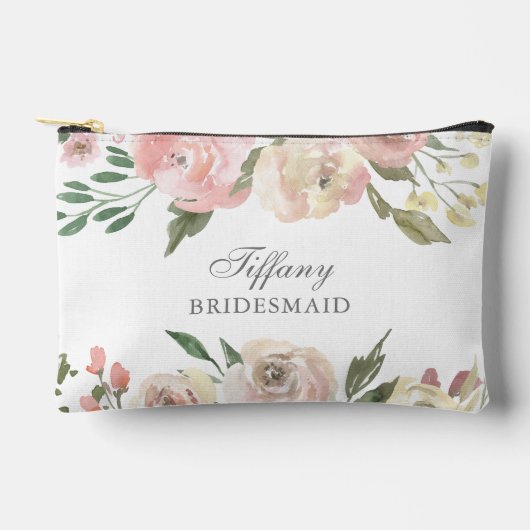 エレガントな ブッシュピンクの花のデザインをした、オーダーメイドのブライズメイドギフト アクセサリーポーチ (正面)