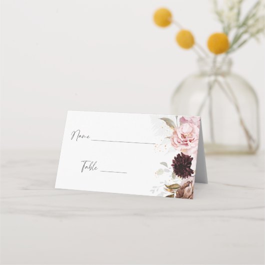 エレガントな ブッシュピンク フラワーブライダルシャワー席 プレイスカード (正面)