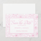 エレガントな ブッシュピンク フローラル トワール ウェディング セーブザデート (正面/裏面)