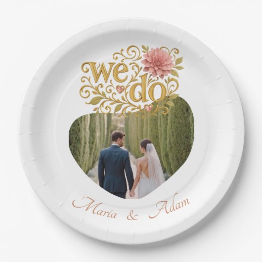 エレガントな ブッシュ ダリア ゴールデン スクリプト ウェディング フォト ペーパープレート (正面)