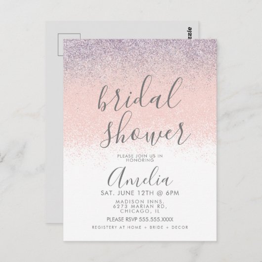エレガントな ブライダルシャワーの偽オンブレ グリッター ピンクの招待状 ポストカード (正面/裏面)