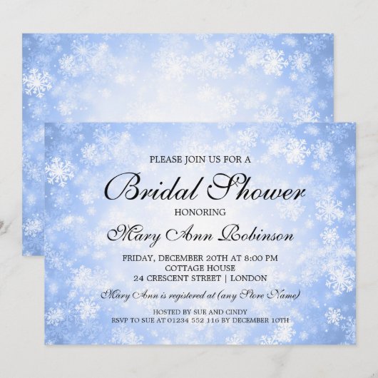 エレガントな ブライダルシャワー 青い冬の不思議な世界 招待状 (正面/裏面)