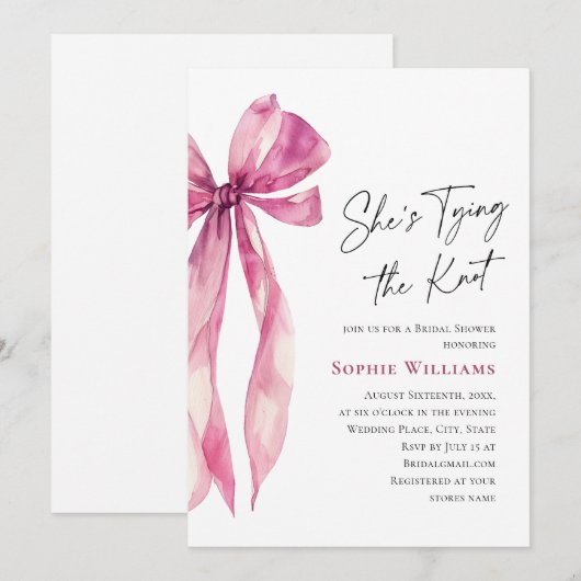 エレガントな ブラッシュピンク 手描きリボン ウェディングシャワー 招待状 (正面/裏面)