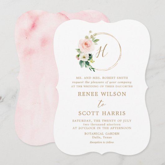 エレガントな ブラッシュ ウォーターカラー フラワー モノグラム ウェディング 招待状 (正面/裏面)