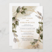 エレガントな ブラッシュ グリーン & ゴールドの水彩 結婚式 招待状 (正面/裏面)