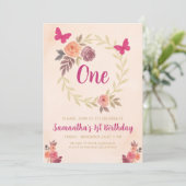 エレガントな ブラッシュ ピンクの水彩花の1歳誕生日 招待状 (スタンド正面)