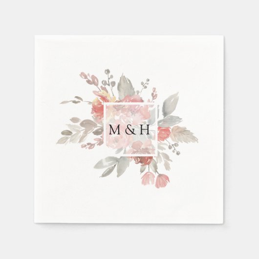 エレガントな ブラッシュ ピンク フローラル ウォーターカラー ウェディング スタンダードカクテルナプキン (正面)