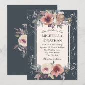 エレガントな ブラッシュ ピンク 秋の花のキリスト教の結婚式 招待状 (正面/裏面)