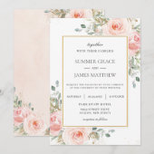 エレガントな ブ ラッシュピンクのバラの花 ゴールドのウェディング インビ 招待状 (正面/裏面)