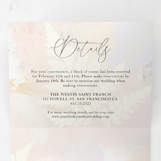 エレガントな ブ ラッシュピンクの花の結婚式 三つ折り招待状 (内部最初)