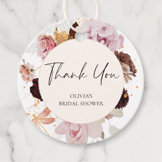 エレガントな ブ ラッシュピンク フラワー ブライダルシャワー サンクス フェイバータグ (正面)