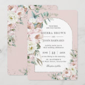 エレガントな ブ ラッシュ ピンク アイボリー 牡丹 フラワーラック ウェディング 招待状 (正面/裏面)