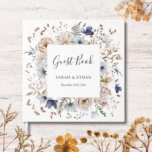 エレガントな プレティー ベージュ ブルー 花 フラワーリング ウェディング ゲストブック