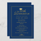 エレガントな ロイヤルブルー ゴールド 50周年クラス リユニオン 招待状 (正面/裏面)